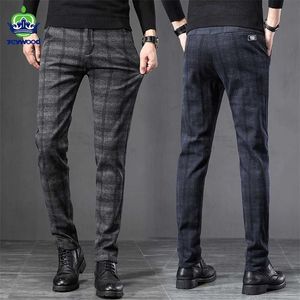 Höst Vinter England Plaid Tjock Arbete Stretchbyxor Män Business Fashion Slim Fit Grå Casual Pant Male Brand Byxor 38 211201