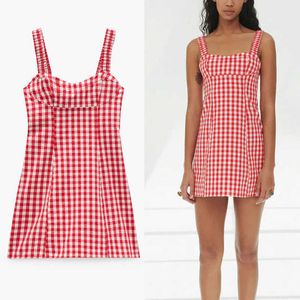 Za Plaid Summer Red Straps Klänning Kvinnor Ärmlös Smocked Gingham Sundress Chic Side Zip Kvinna Sexig Backless Mini Dresses 210602