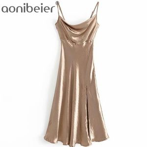 Błyszczący Gładki Satin Slip Party Dress Summer Bez Rękawów Podziel Przednia Spaghetti Pasek Kobiety Wysoka Talia Midi Skater 210604