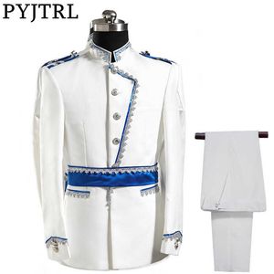 Pyjtrl Europe Army Style Stojak Kołnierz Biały Niebieski Ślub Dla Mężczyzn DJ Stage Singer Mężczyźni Garnitury z Spodnie Kostium Homme Slim Fit X0909