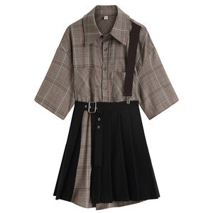 女性カーキ格子縞半袖Tシャツブラックミニプリーツストラップスカート2個セット夏T0345 210514