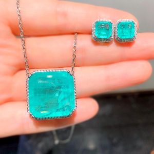 Orecchini Collana Set di gioielli di tormalina quadrata di lusso Paraiba per le donne Fusion Stone Green Regali di anniversario di matrimonio CZ