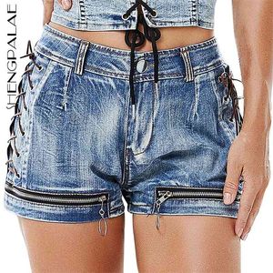 Streetwear zipper curtas jeans verão verão cintura alta clube sexy bandage denim shorts feminino 210427