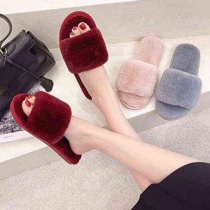 2022 Women Winter Faux Fur Home Slippers Female Indoor Plush Fluffy Warm Flat Shoes Ladies Fashion Soft Flip Flops Slides Y220214