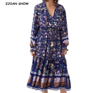 Bohemian Colored Floral Print Boho Dress V-Neck Ruffles Z Długim Rękawem Lato ES Luźne Chic Kobiety Casual Maxi 2 Kolory 210429