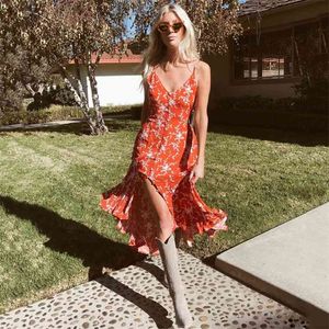 Retro women summer dress with button sexy v neck strap long dresses casual ruffle orange beach dress irregular vestidos 210415