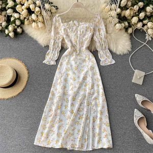 Frauen Französisch Süße Blumen Kleid Herbst Koreanische Mode Chic Streetwear Kleid Böhmischen Druck Sexy Split A-linie Kleid 210419