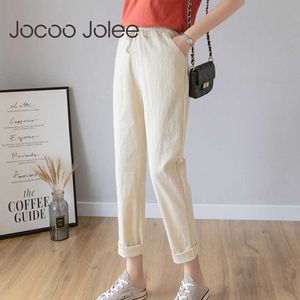 Jogoo Jolee Casual Harajuku Calças Primavera Verão Sólido Solto tornozelo Comprimento Capris Cintura Elástica Calças de Linho de Algodão 210619