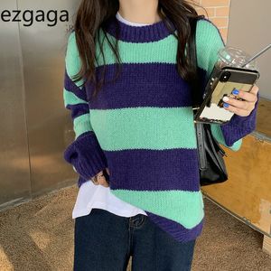Ezgaga stripe suéter jumper mulheres outwear solto outono inverno novo streetwear senhoras tops de malha moda pullover quente 210430