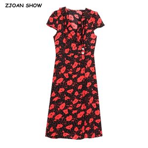 Vintage France style Ruffles Collar Flower Print Dress Holiday Woman Side Button Waist Slim Short Sleeve Midi Tea Dresses 210429