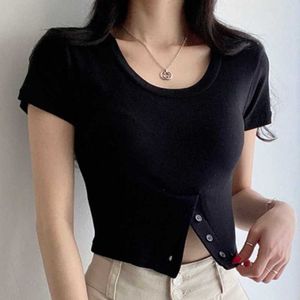 Korean Slim Short Woman T Shirts Sexy Button Split Graphic Tee Summer Sleeve O-neck Solid Tshirt Femme 6H290 210603