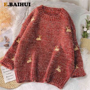 EBAIHUI 2021 Feminino Kawaii Ulzzang Vintage College Deer Bordado Suéter Feminino Coreano Grosso Bonito Solto Harajuku Roupas Y1110