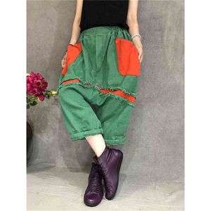 Yüksek Sokak Moda Kadınlar Çapraz Pantolon Elastik Bel Delik Patchwork Rahat Pantolon Kadın Gevşek Denim Pamuk Buzağı Boyu D128 210512