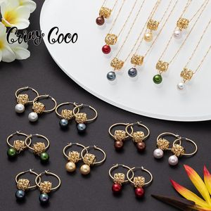 Brincos Colar Cocar Coco Multi-Color Pearl Pearl Conjuntos Hawaiian Rosa Ouro Polinésia Frangipani Pingente Colares Hoop conjunto para mulheres