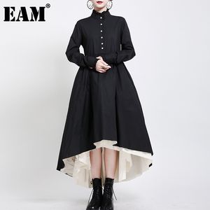 [EAM] Kadınlar Siyah Düzensiz Dikiş Uzun Elbise Standı Yaka Uzun Kollu Gevşek Fit Moda İlkbahar Sonbahar 1DA980 21512