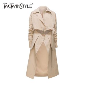 Khaki Casual Spring Windbreaker For Women Lapel Long Sleeve Sashes Korean Trench Female Clothing Fashion 210524