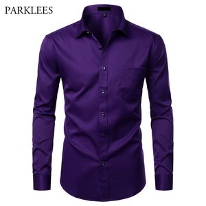 Camisa de vestido de fibra de bambu roxo camisa confortável de manga longa manga longa camisa de manga fácil de cuidados comerciais camisas formais camisas para homens homme 210524