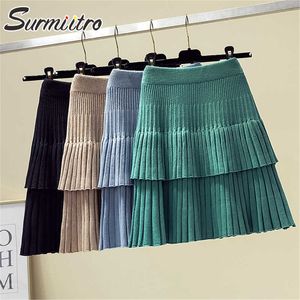 Surmitro jesień zima dzianiny mini plisowana spódnica kobiety koreański styl zielone czarne ruffles wysoki talia linia spódnica kobieta 210712
