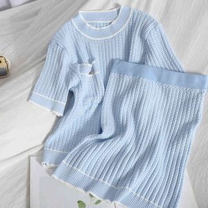 Knitted two piece suit Korean pocket top With high waist bag hip skirt contrast color linen pattern two-piece women summer 210420