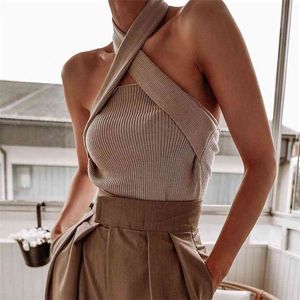 Halter Khaki Top Cami Streetwear Off Ombro Slim Chique Tops Verão Outono Camisole 210427