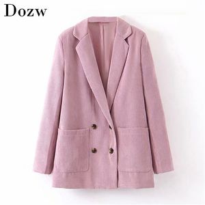 Women Double Breasted Pink Blazers Autumn Striped Pockets Long Sleeve Casual Coat Suit Notched Neck Office Fashion Jacket Lady 210515