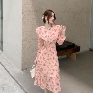 Abiti casual Abito floreale vintage da donna Elegante pizzo fatato in chiffon coreano a maniche lunghe a maniche lunghe increspato primavera vita sottile