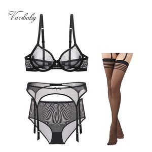 Varsbaby sexy unlined underwire bra set 4 pcs bra+garter+high-waist panties+stockings for ladies X0526