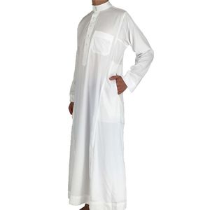 Islamique Homme Popular White Sudanese Roupas étnicas islâmicas Qatar Thobe Árabe Adoração Robe Thawb Mens Dubai Thobeka Majozi Para Islam Thobes Saudi Pria