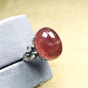 Anelli a grappolo Real Natural Red Strawberry Quartz Gioielli per donne Lady Man Crystal Silver 16x11mm Stone Love Love Regolable