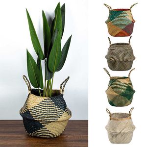 Whism Dobrável Dobrável Rattan Woven Flower Cesta Seagrass Roupas De Armazenamento Decoração Home Pendurar Potenciador 210609