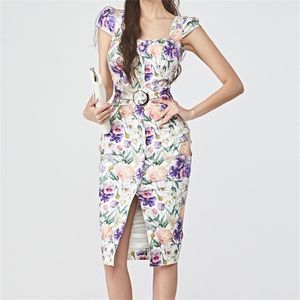 Floral Print Office Lady Bodycon Pencil Dress Women Summer Sleeveless Elegant Backless Tank Dresses 210603