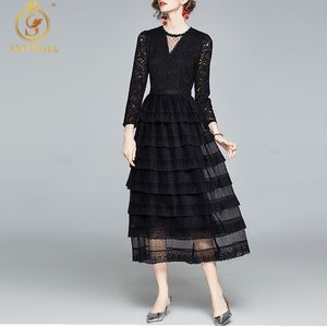 Fashion Runway Balck Abiti lunghi in pizzo Temperamento femminile Manica lunga Patchwork Ruffles Vintage Elegant Party Vestidos 210520