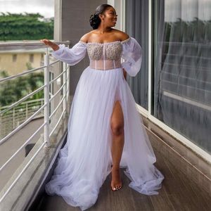White 2022 Plus Size African Wedding Gowns Off Shoulder Long Sleeve Beaded Crystal Aso Ebi Arabic Side Split Bridal Dresses Vestido De Novia