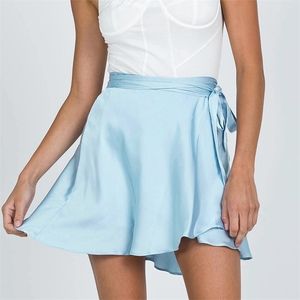 Summer Lace-up Chiffon Satin Wrap Skirt Womens Solid Color Mini High Waist S Fashion Lace Short 210621