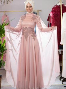 Rosa alto pescoço muçulmano mangas compridas vestidos de noite com envoltórios comprimento do chão cetim apliques kaftans vestidos formal no baile
