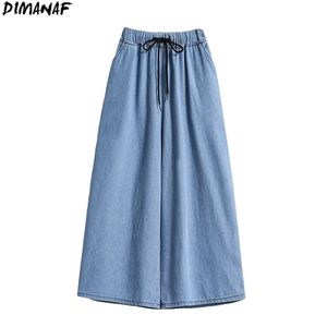 Dimanaf Plus Size Women Jeans Wide Ben Byxor Hög midja Denim Harem Kvinna Elastiska Bälte Blå Byxor Oversize Summer 5XL 210629