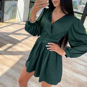 Foridol manga comprida verde vestido de cetim mulheres primavera outono cocktial noite vestido elegante senhoras vestido vestidos plus size 210415