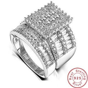 Luksusowa księżniczka Cut Laboratorium Diament CZ Ring Sets 925 Sterling Silver Engagement Wedding Band Pierścienie Dla Kobiet Party Biżuteria Prezent
