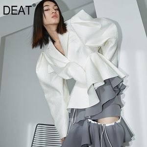 Loose Fit White Asymmetric Ruffles Bandage Jacket Lapel Long Sleeve Women Coat Fashion Tide Spring Autumn GX594 210421