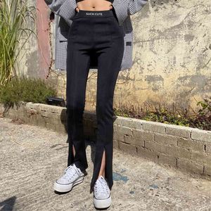 Letter Print High Waist Female Long Flare Black Pants For Women Hem Split Aesthetic Slim Bottoms Harajuku Skinny Trousers Capri 210415