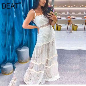DEAT New Summer Fashion Women Clothes Sqaure Collar Sleeveless Lace Hollow Out Pullover High Waist Long Dress WR51801L 210428