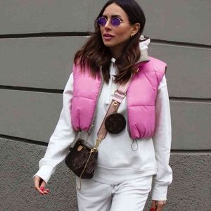 Kvinnor Elegant Waistcoat Short Down Pink Vest Coat Dubbel Slitage Lätt Vikt Outwear All-Match Cotton Padded Ärmlös Tops 210521