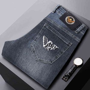 e outono inverno homens jeans reta bens de altura jeans calças de algodão denim elástico