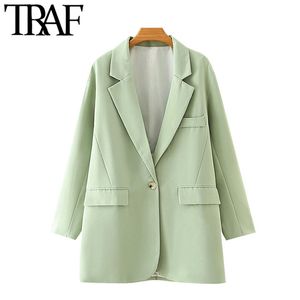 TRAF Women Fashion Single Button Loose-fitting Blazers Coat Vintage Long Sleeve Pockets Female Outerwear Chic Tops 210415