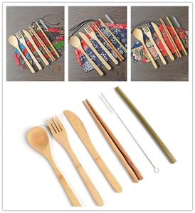 7 pçs / definir cutelaria de bambu conjunto de talheres portáteis conjuntos faca garfo colher palha chopsticks estudante conjunto de utensílios de mesa