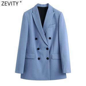 Zevity女性のファッションダブルブレストカジュアルブレザーコートオフィスレディースポケットスタイリッシュなoutwearスーツシックなビジネストップ2111006