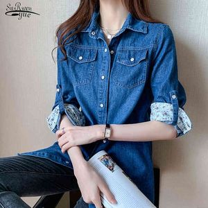 Wiosna Vintage Denim Button Up Shirt Płaszcz Koreański Z Długim Rękawem Top Kobiet Kurtka Plus Rozmiar Luźna Casual Bluzka 11968 210521