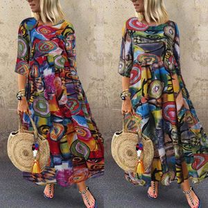 2021 Autumn Summer Pleated Dress Women Vintage Vestidos Robe Printed Long Maxi Dresses Plus Size Femme 3/4 Sleeve Tunic