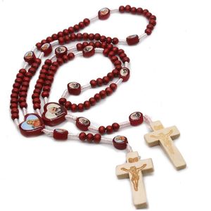 Colares de pingente artesanal redwood grânulos colar de rosário cruz religioso jóias católicas mão segura para mulheres homem