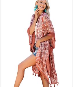Étnica Floral Impressão Longa Blusa Boho Beach Bikini Cobertura Mulheres Robe Fringe Túnica Verão Cardigan Swim Kimono Cobertura